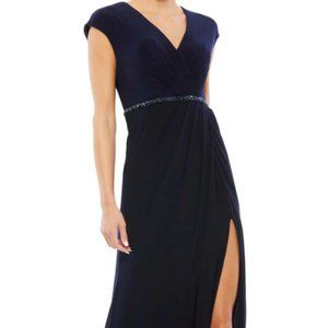 MAC DUGGAL 67850 FAUX WRAP V-NECK CAP SLEEVE JERSEY STRETCH NAVY GOWN sz 22